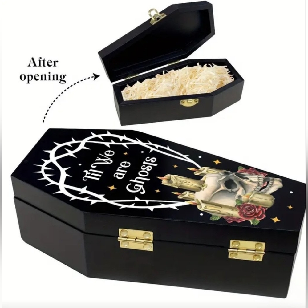 Black Coffin-Shaped Box with Skull and Candle Design - Picture 2 of 3